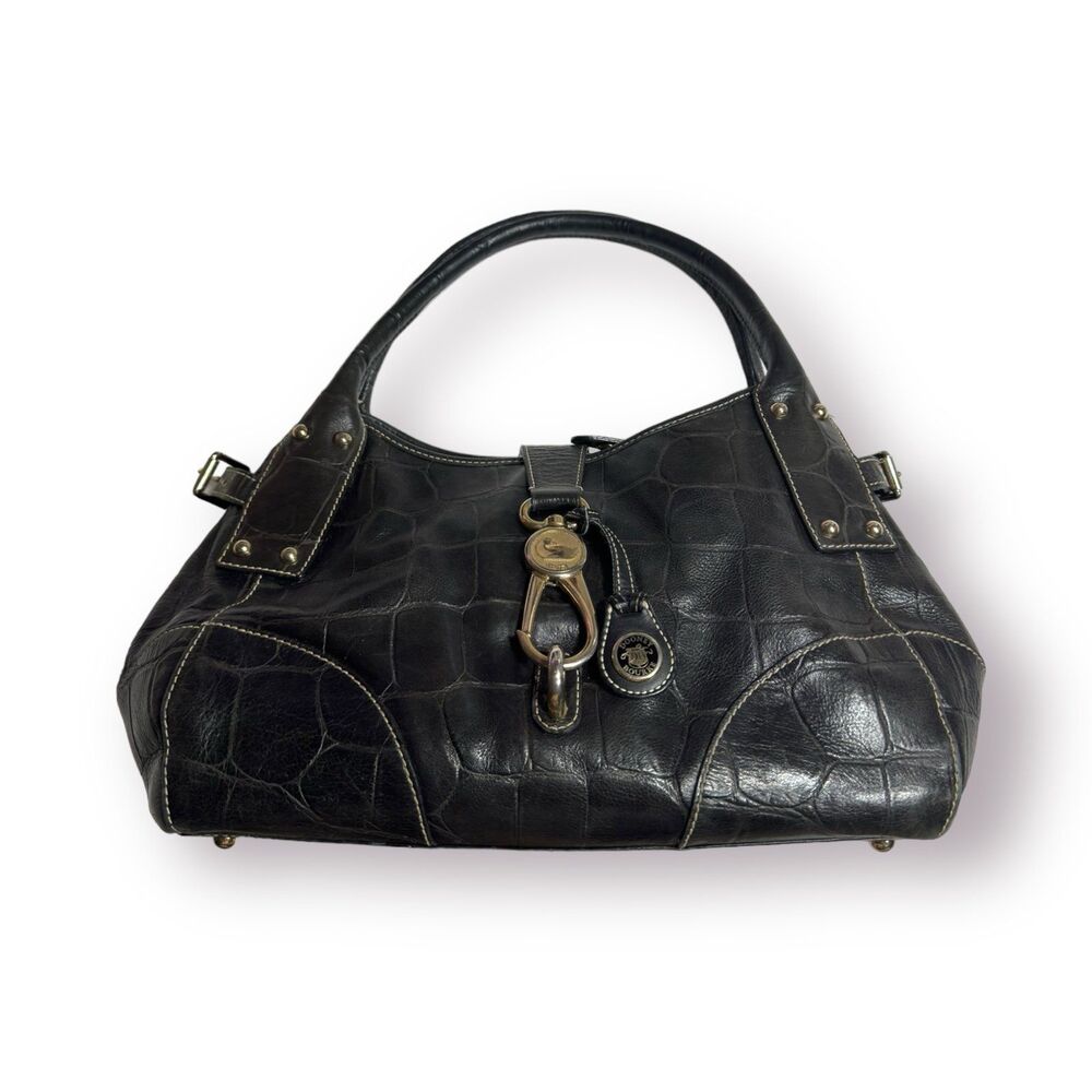 Dooney & Bourke Satchel Handbag Black Croc Embossed Leather Reversible Clip Lock